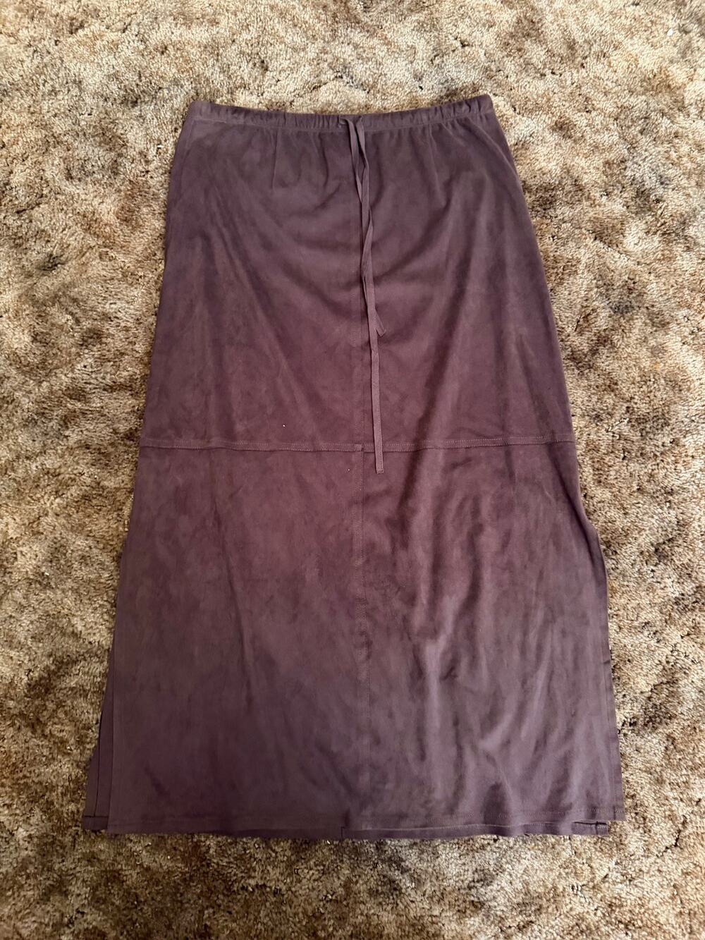 J. Jill Petite Faux Suede Midi Skirt Brown Elastic Drawstring Waist Boho Fall